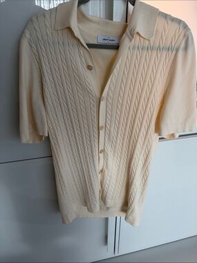 Gran Sasso Cream Cable-Front Short-Sleeve Polo Cardigan